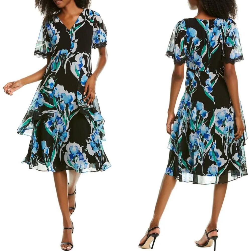 Karl Lagerfeld Paris‎ Floral V-Neck Flutter Sleeve Chiffon Midi Dress Size 2 NWT